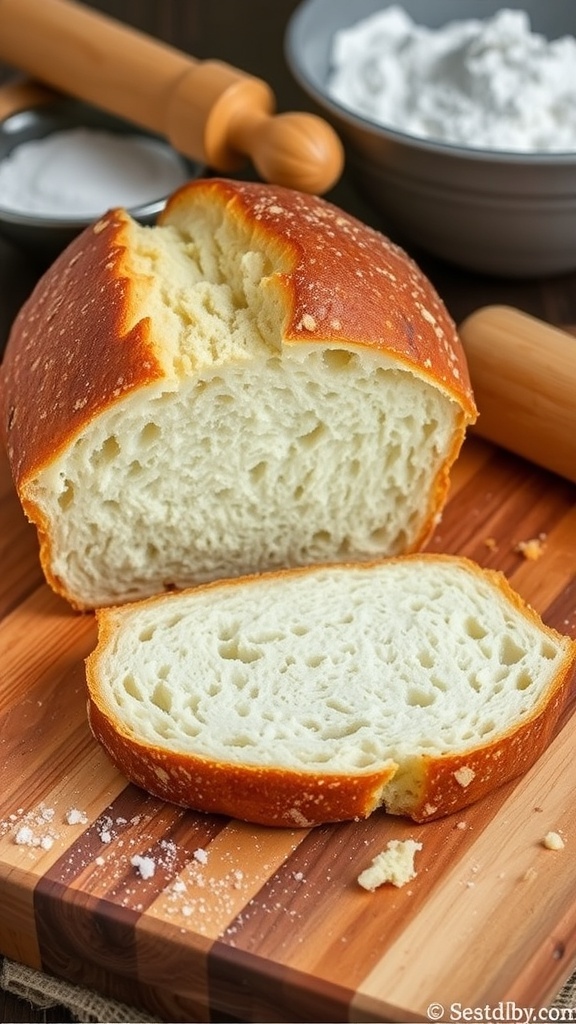 A golden-brown loaf of sourdough bread sliced to show its airy texture, on a wooden board with flour and a rolling pin in the background.